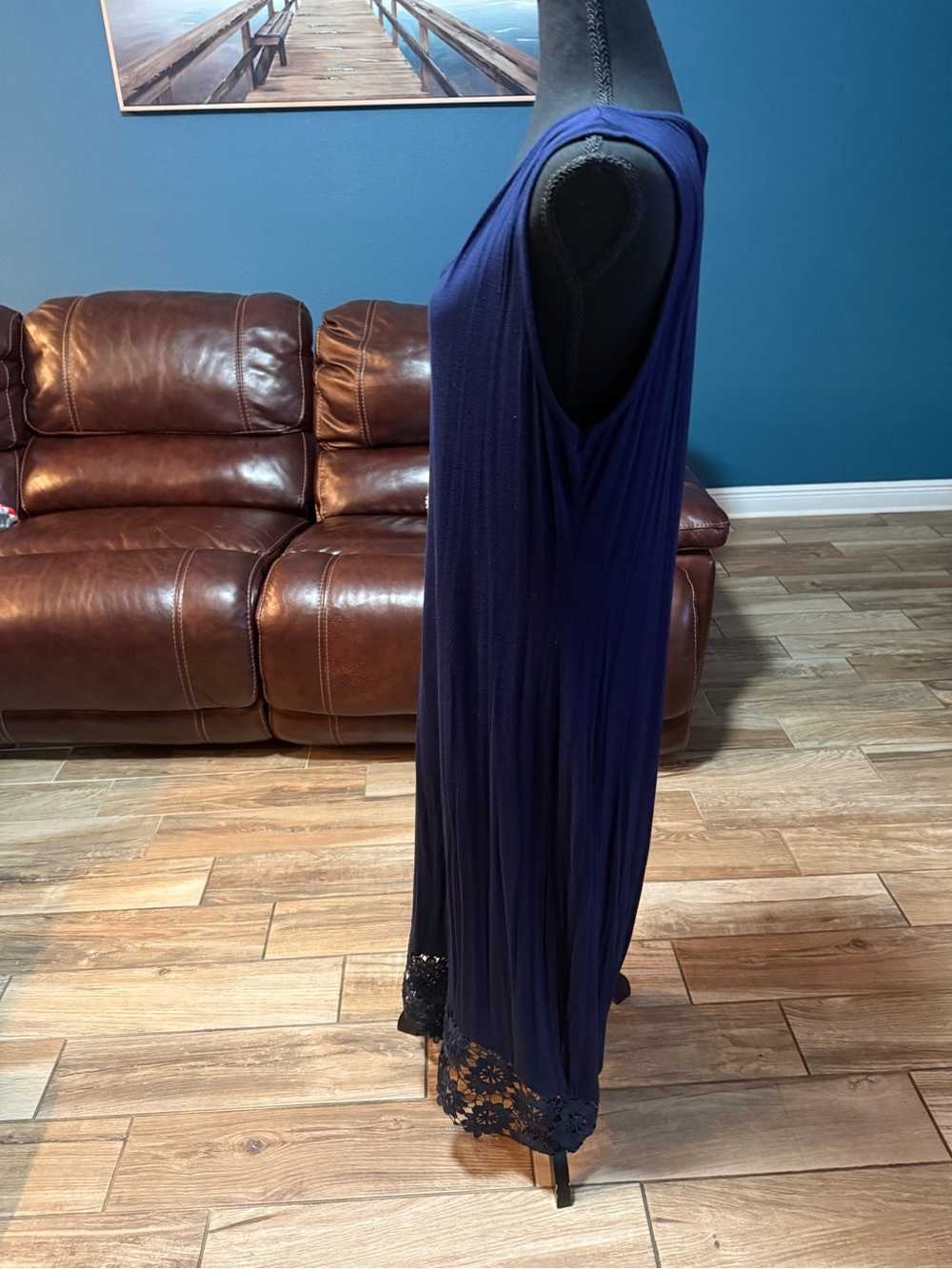 Nina Leonard Navy Sleeveless V-Neck Maxi with Lace Hem - Picture 2 of 5